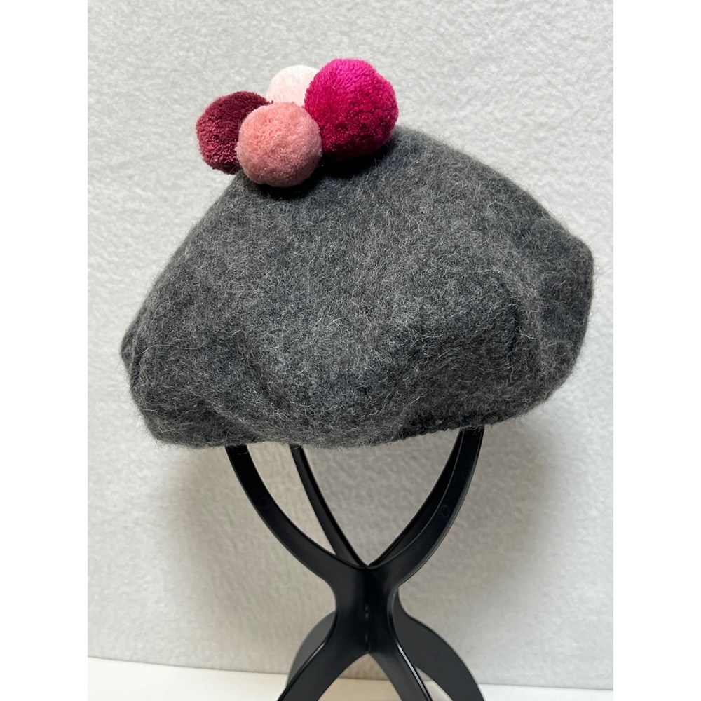 Amaru Alpaca Gray Beret Hat Pink Pom Pom Detail Made in Peru Unitalla‎ Lined